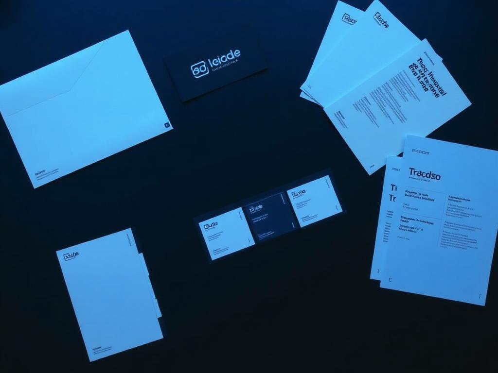 Brand identity print collateral, logo cards and color swatches